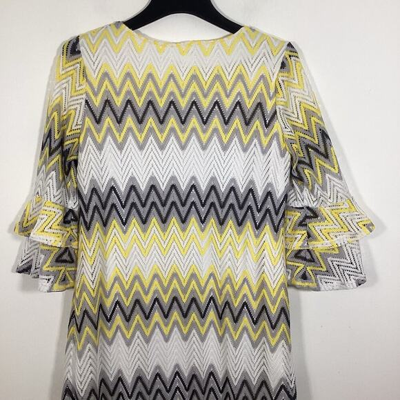 Tacera Midi Shift Dress XL Chevron Zig Zag Crochet Boho Yellow Grey Bell Sleeve - Picture 6 of 7